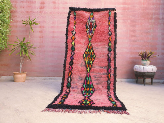 Vintage Moroccan Runner Rug, Lush Pink Boucherouite Runner, 3.1x7.6 ft Berber hallway rug, Bright bohemian decor, Moroccan pink art rug