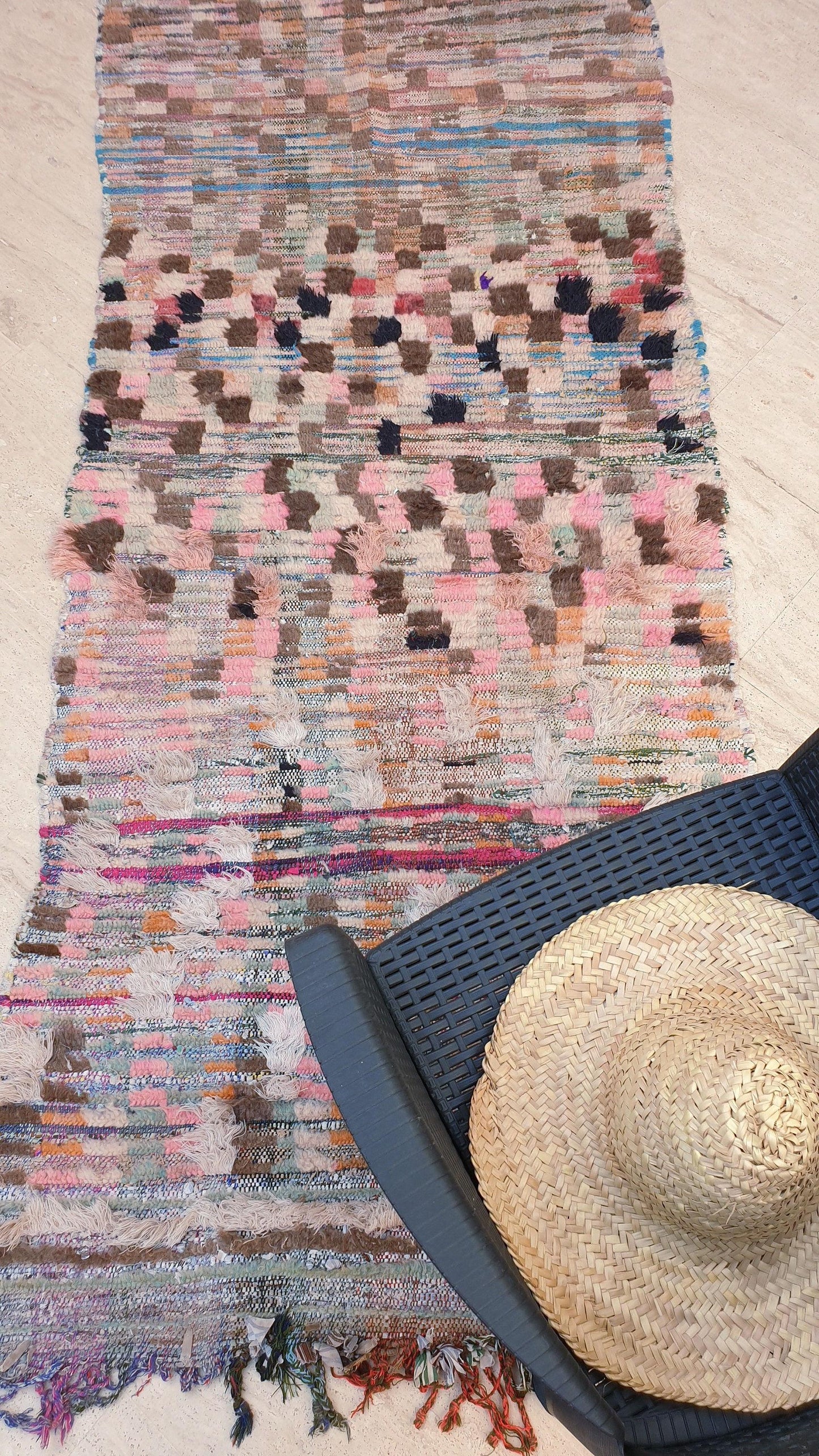 Vintage Moroccan rug 3.3x10 Gorgeous Blush earth tones Checkered rug | Pinl Brown Boujaad rug, boujad statement piece