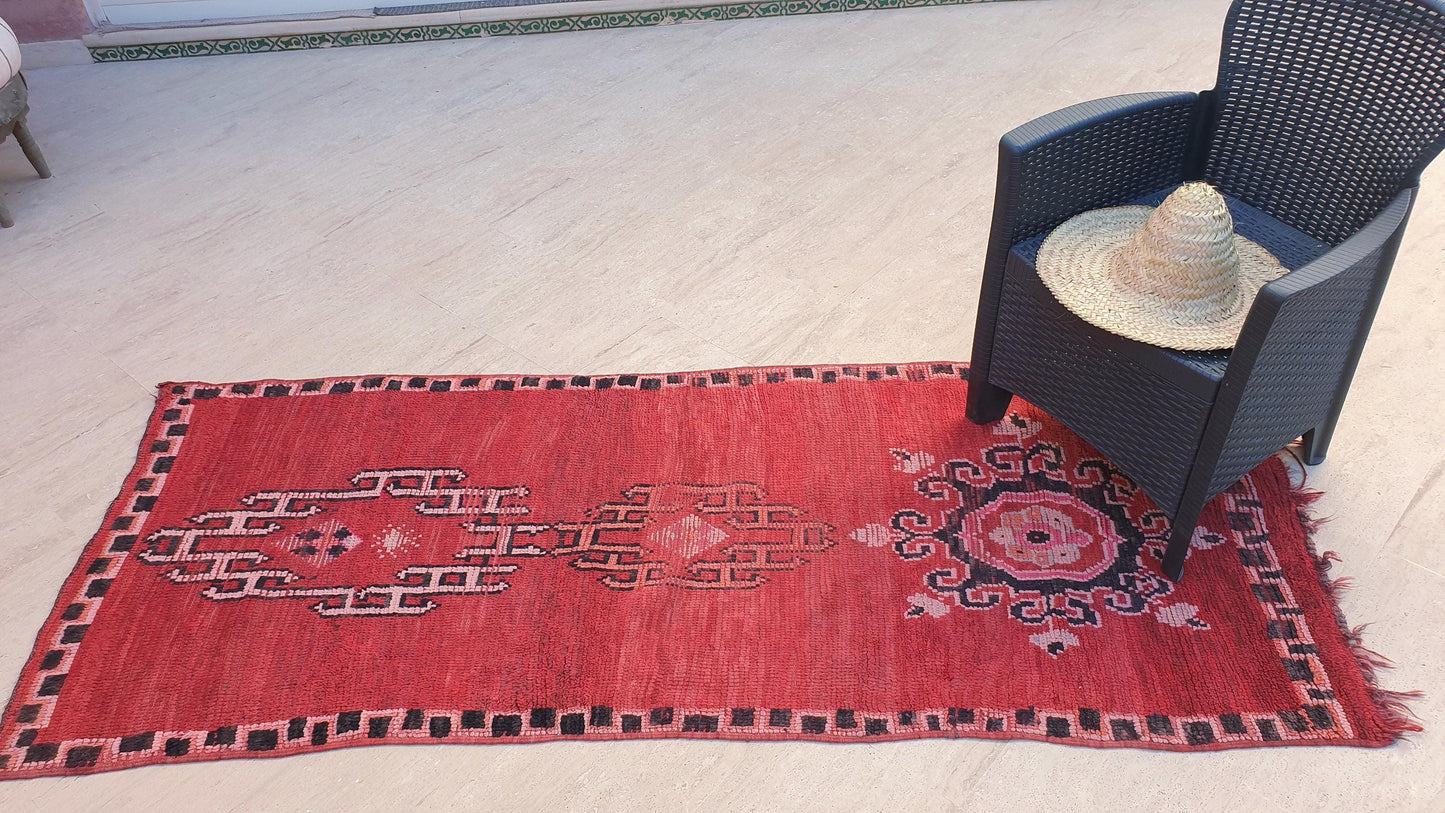 Vintage Moroccan Rug 3.1x7.6 Gorgeous Unique Red Boujaad Statement Runner Rug, bedroom rug, Abstract accent rug