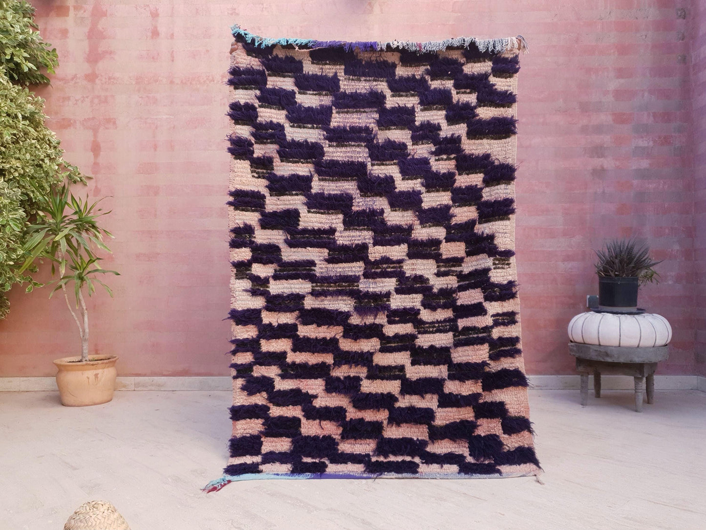 Vintage Moroccan Rug, Unique Checkered Blush powder Pink and Purple Boujaad Rug boucherouite rug, Unique accent rug