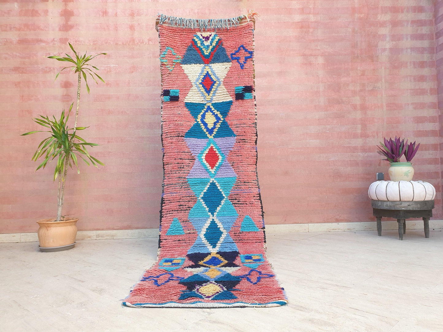 Gorgeous Moroccan rug 2.5x9 "Ibiza" Blue Pink Blue Colorful Runner rug, retro style  handmade hallway boujaad rug