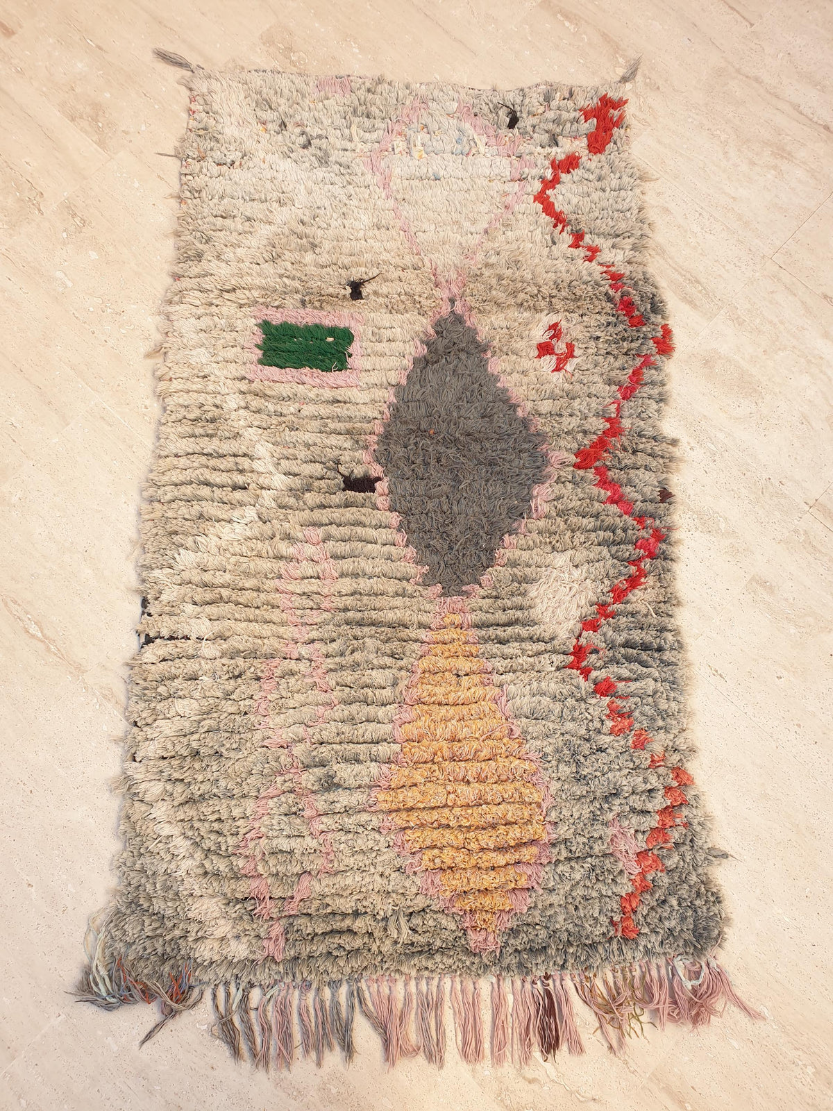 Unique Vintage Moroccan Accent Rug Soft Grey Blush with Tangerine Abstract Motif 2.5x4.6 ft