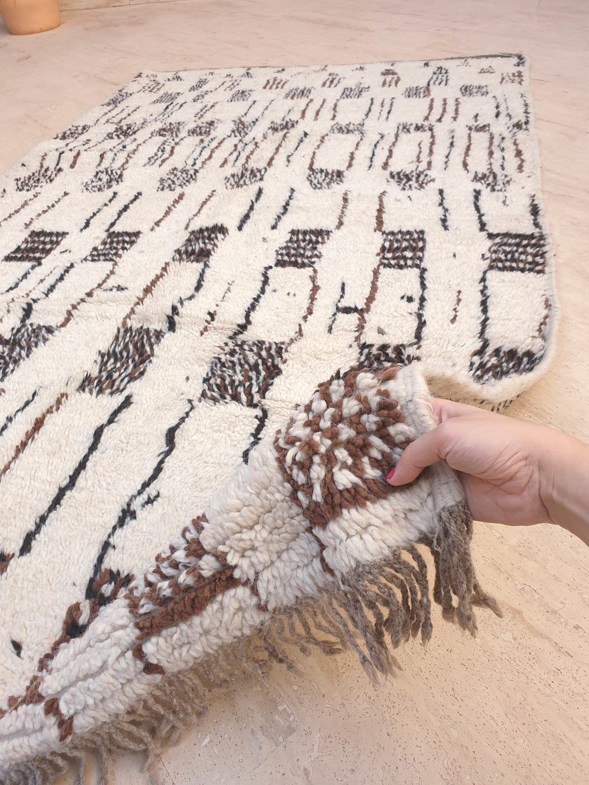 Vintage Berber Azilal Rug, Cream & Brown Wool, Moroccan Tribal Design (4.5x7.5 ft)