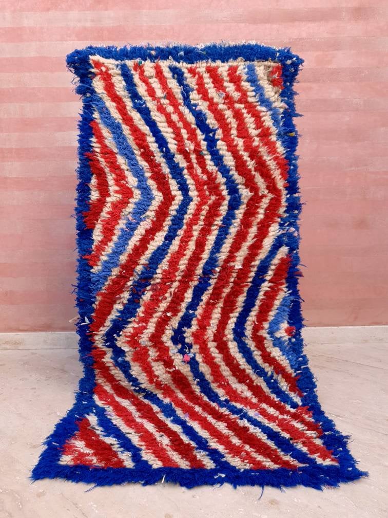 Vintage Moroccan rug 2.6x5.6 beautiful Unique Runner rug USA blue red striped Moroccan Accent rug, unique Abstract Rug