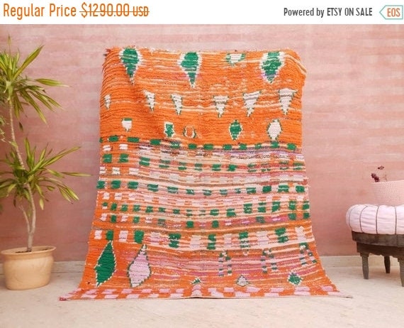 Vintage Moroccan Rug 5x6.7 Stunning Orange Super Unique Boujaad Rug, Green & Lilac Accents, abstract Living room rug