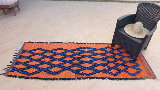 Stunning Moroccan Runner Rug 2.8x6.5 Super Pretty Boujaad rug, Artistic Blue Papaya Orange Geometric Hallway rug