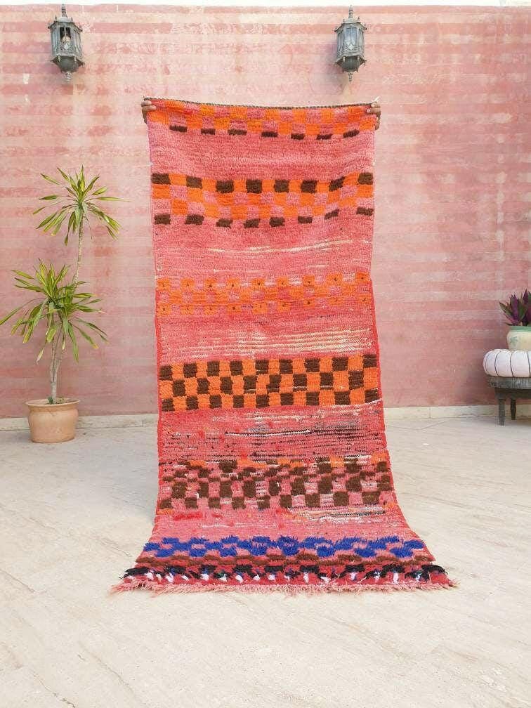 Vintage Moroccan Rug 3x7 Gorgeous Checkered Rug | Peach Runner Rug  | Berber Tribal Rug | Pach Pink Blue Accent Rug