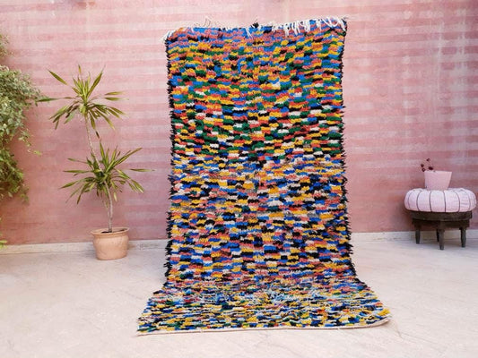 Vintage Moroccan Rug 4.1x8.5 Bojaad rug Unique Stunning Berber bedroom rug, Colorful living room rug boho Azilal rug