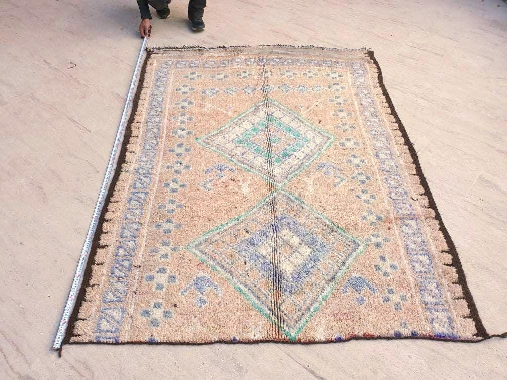 Vintage Moroccan Rug 5.4x7 Marvelous large cream rug Latté Boujaad Teal Beige rug, pastels morocan rug, squarish carpet