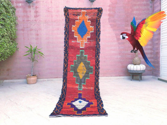 Stunning Vintage Moroccan rug, 2.4x8 PARROT Colorful Tribal Runner Rug, Unique Boujaad Rug, Boucherouite rug