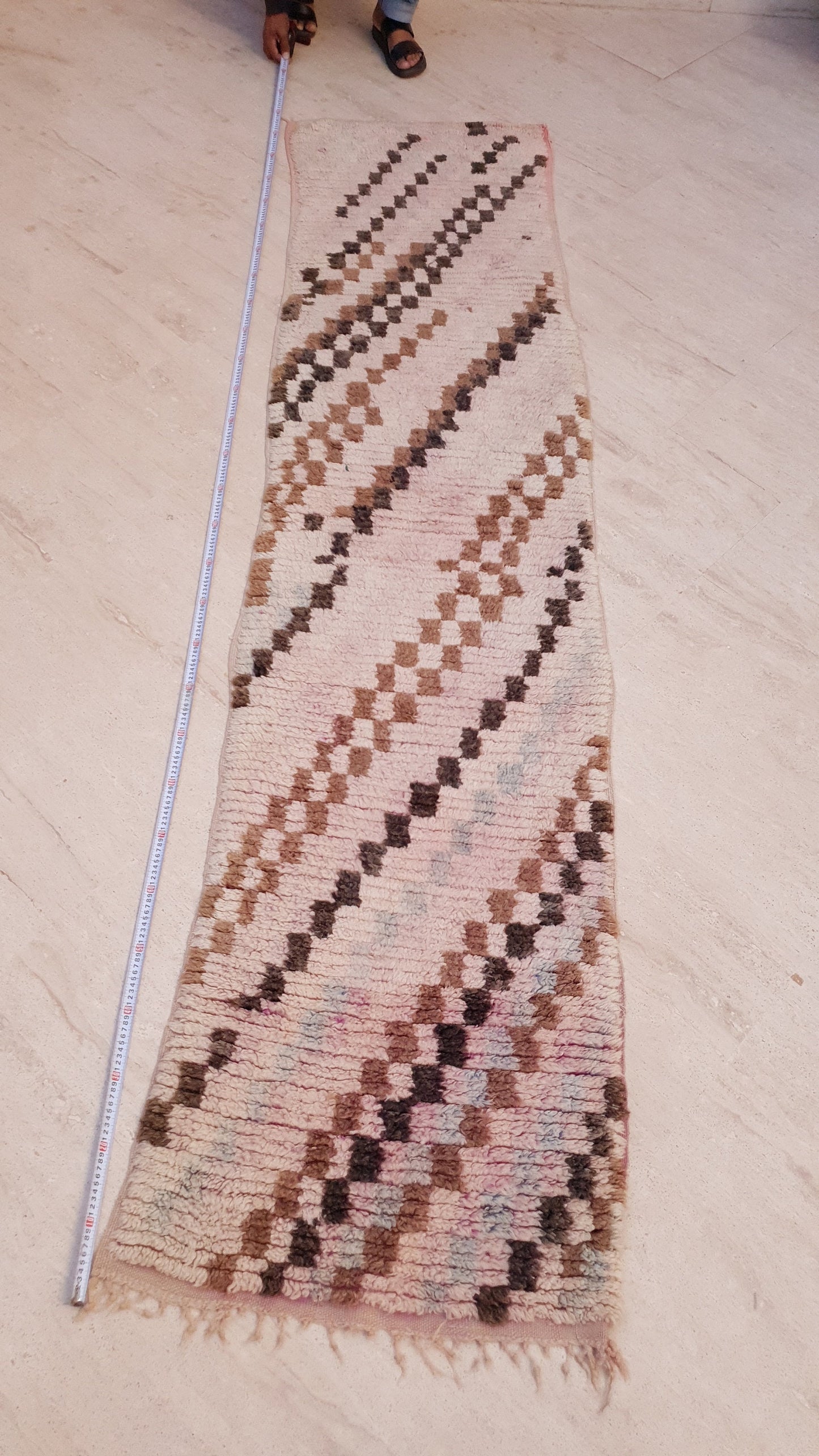 Vintage Moroccan Rug 2.4x9.8 checkered Boujad Runner Rug, Super unique Berber Brown Blush hallway Rug, boho boujaad rug