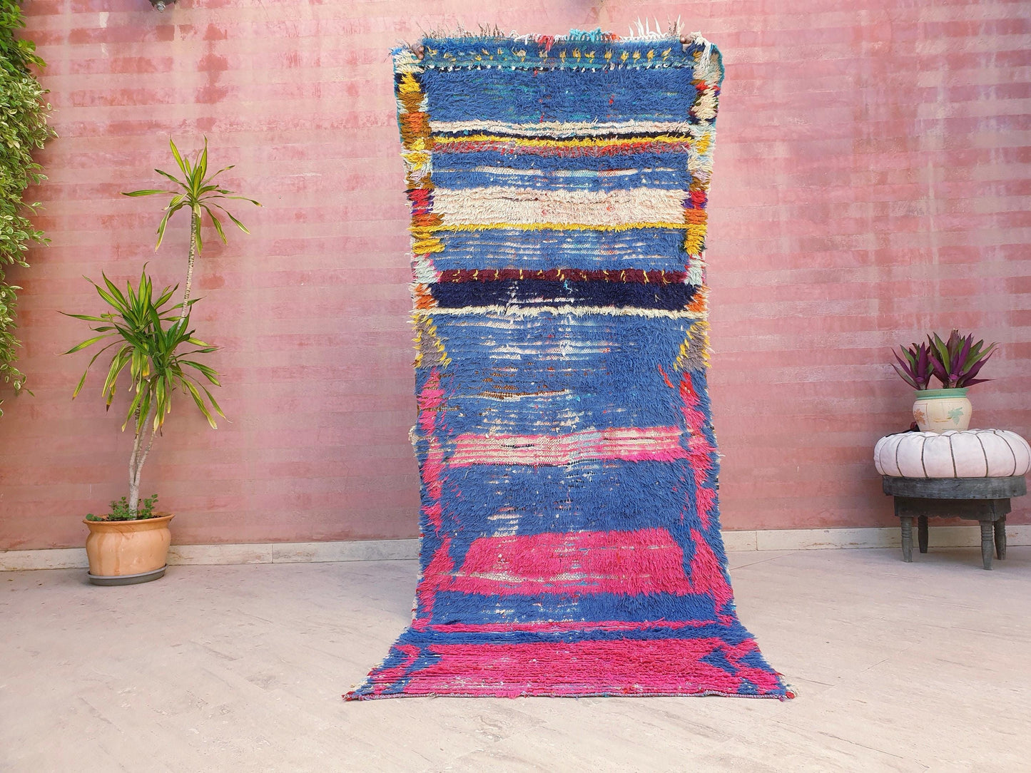 Vintage Moroccan Rug 3.2x7.8 Gorgeous Blue Pink Rug Boujaad Rug, fushia turquoise artistic Rug, boho boujaad rug