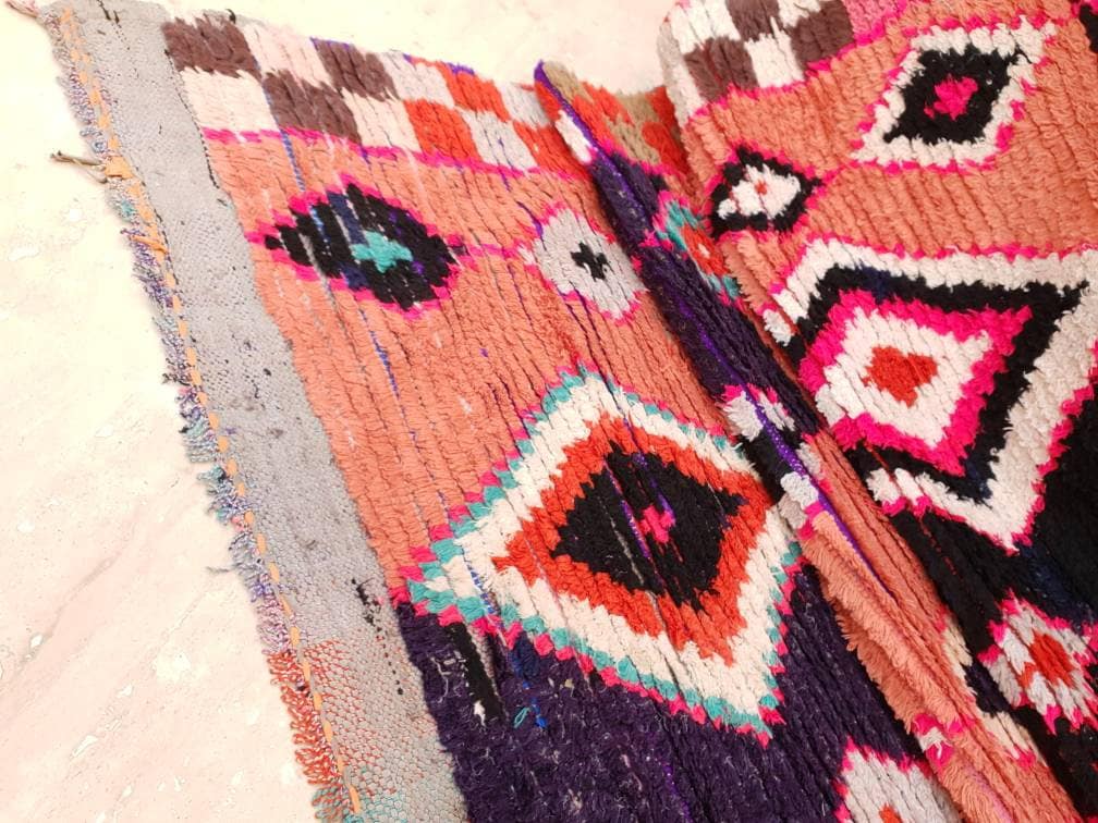 Vintage Berber Runner Rug, Black Pink Boujaad Moroccan Rug (3.6x7.8 ft)