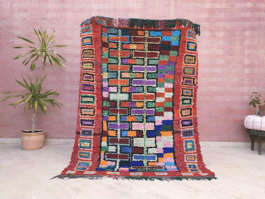 Vintage Moroccan rug 4.6x6.6 Enthralling squarish rug Berber Cubic lovely boucherouite rug, colorful rug, Unique rug, b