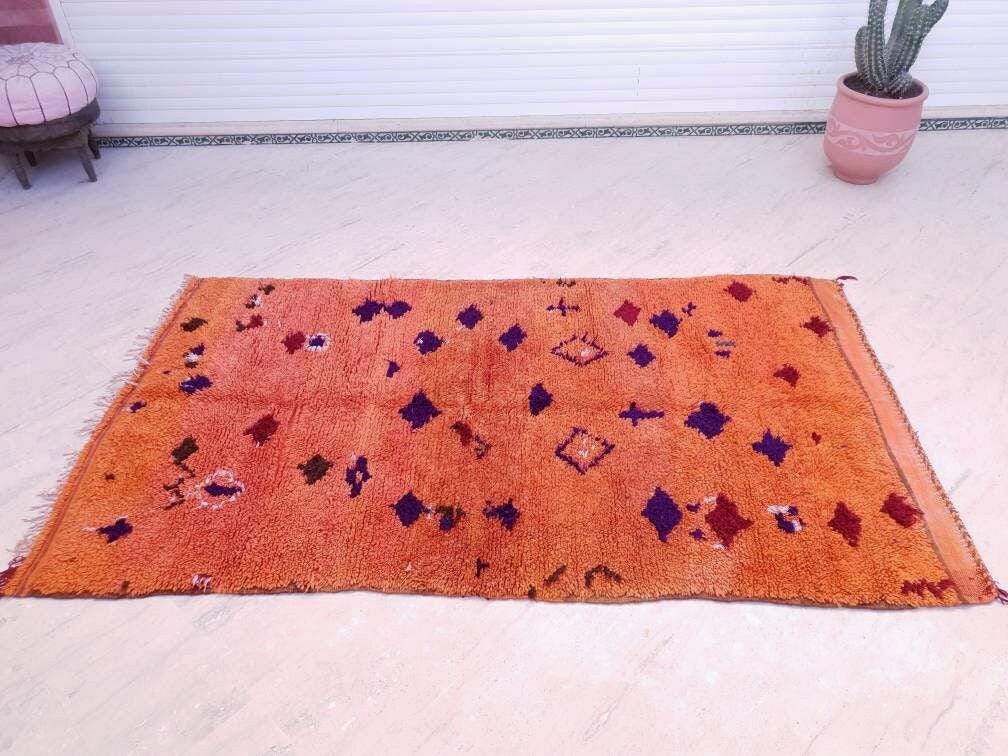 Vintage Moroccan Rug 4.7x8.3 stunning orange papaya boujaad rug, Vintage Beni Ourain Rug bedroom rug, living room rug