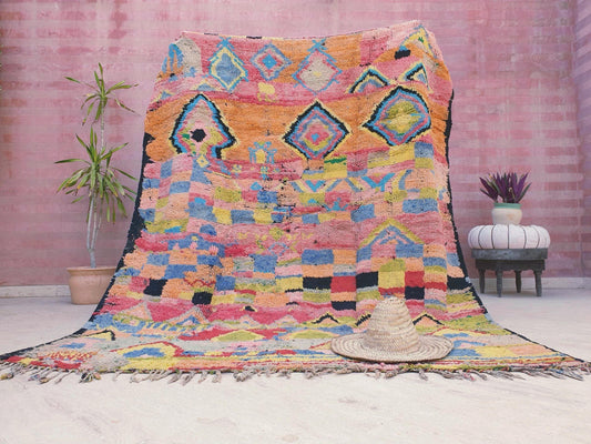 Gorgeous Vintage Moroccan Rug 6.5x8.1 stunning color palette, pqstels peach salmon cyan abstract  tribal rug, large boujaad rug
