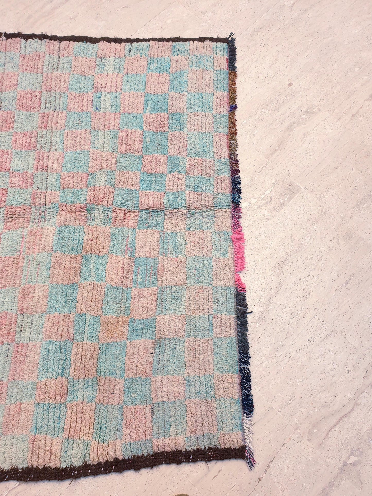 Pastel Checkered Boujaad Rug, 5.1x5.4 ft pastel aqua blush rug, Vintage Moroccan rug, Vintage Boujaad squarish rug