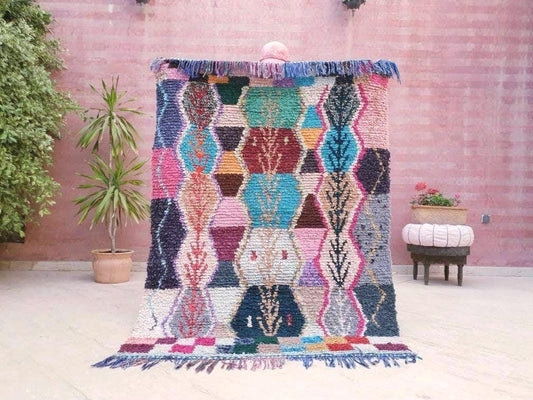 Vintage Moroccan rug, Prettiest Berber rug, Unique Colorful boucherouite rug 4.3x5.8 Squarish Rug, Morocco rug