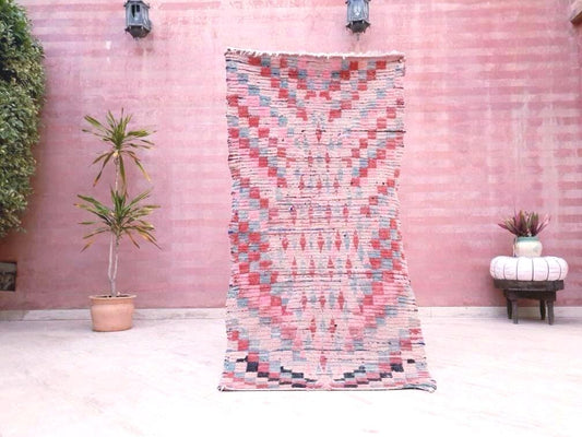 Vintage Moroccan rug 3x5.8 Gorgeous Pink Blush Pink checkered rug | Coral Boujaad hallway rug boujad colorful rug |
