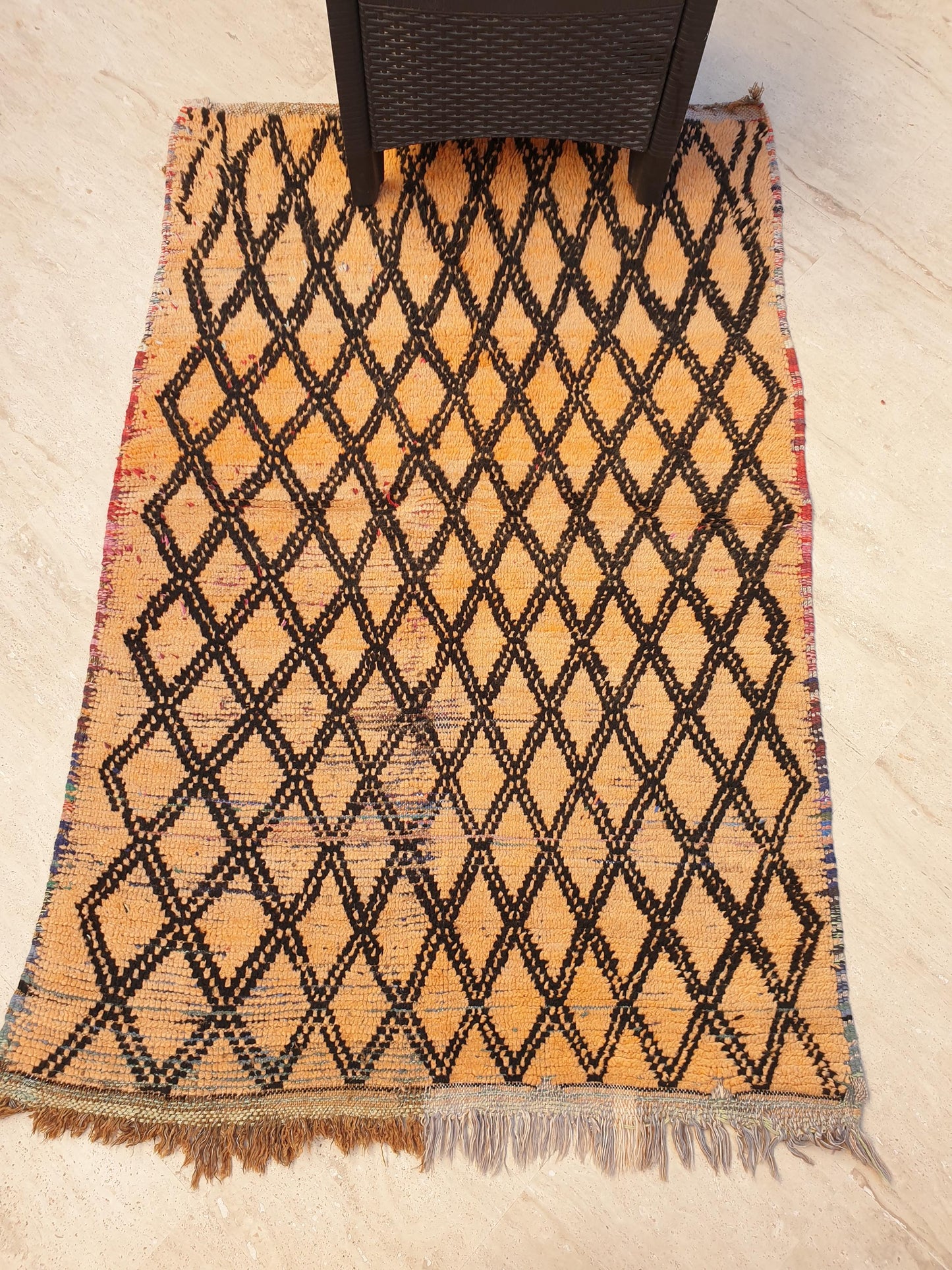 Vintage Moroccan Boujaad Rug Amber Orange with Black Diamond Pattern •  3.6 x 5.6 ft •