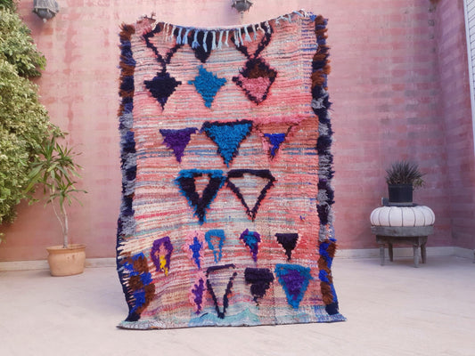 Vintage Moroccan Rug: Blush Pink & Blue Boujaad, Bohemian Decor (3.7x6 ft)