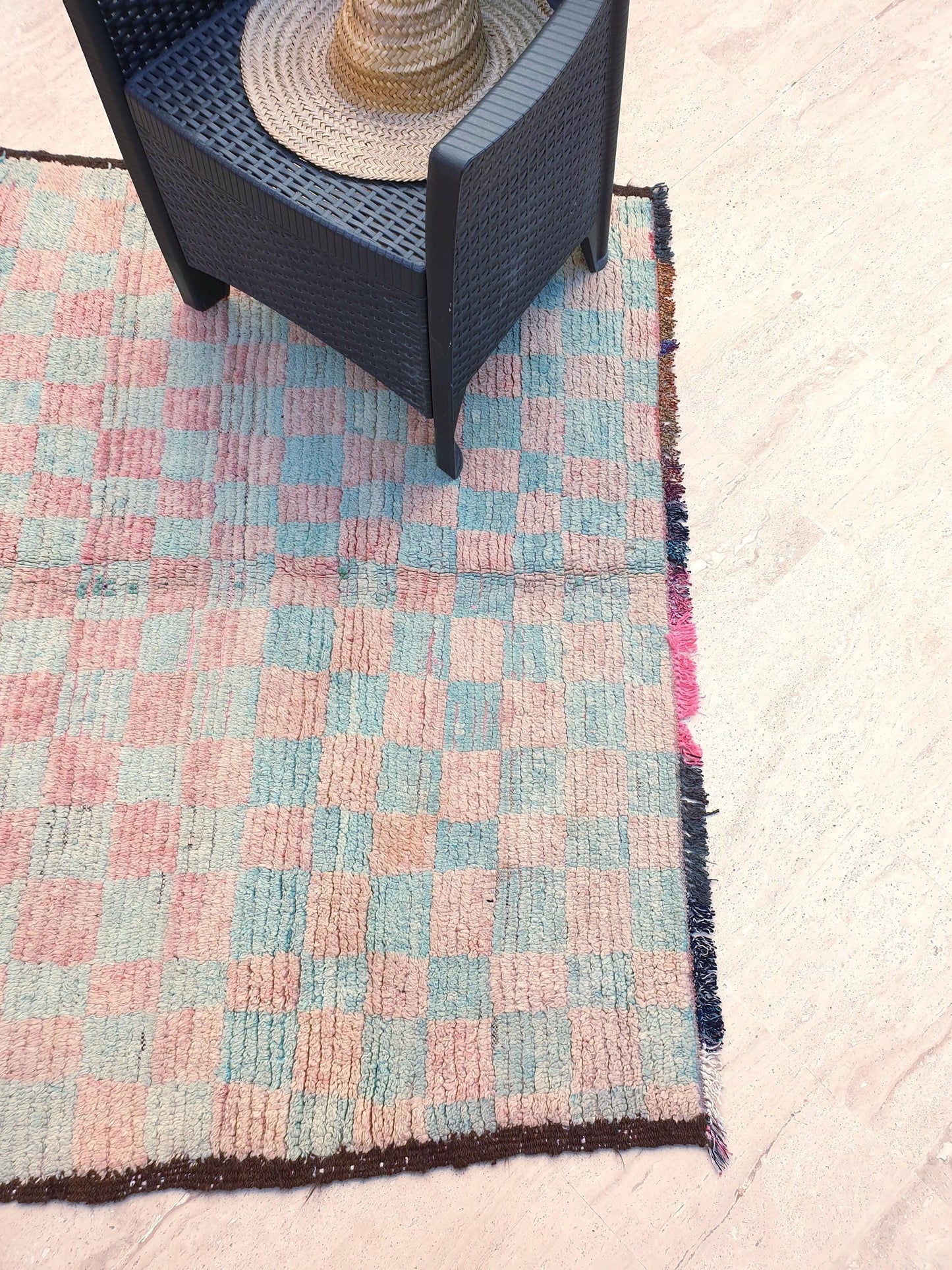 Pastel Checkered Boujaad Rug, 5.1x5.4 ft pastel aqua blush rug, Vintage Moroccan rug, Vintage Boujaad squarish rug