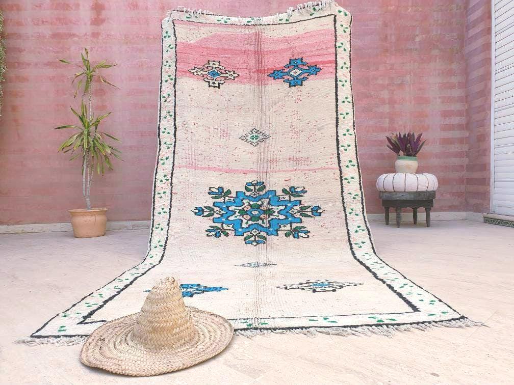 Vintage Moroccan Rug 4.6x10 Stunning pink White Boujaad Rug, unique tribal morocco rug, large boujad rug