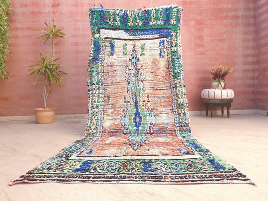 Vintage Moroccan Rug, Painterly Abstract Boujaad rug , 4.2x9 ft Earth & Ocean Tones pastels rug, pastel bohemian rug