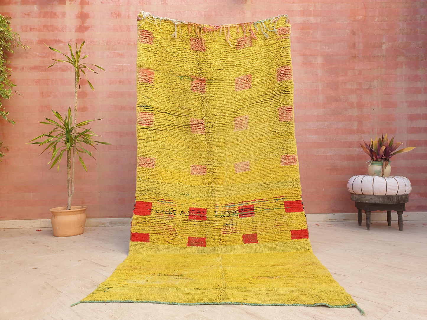 Vintage Moroccan Boujaad Rug KISS of Klimt, Yellow Wool with Red Accents, 4.2x8.6 ft