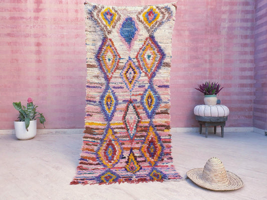 Vintage Moroccan Rug 3x6.6 Boucherouite Rug, berber colorful pastels rug, diamond  lovely vintage rug, living room rug