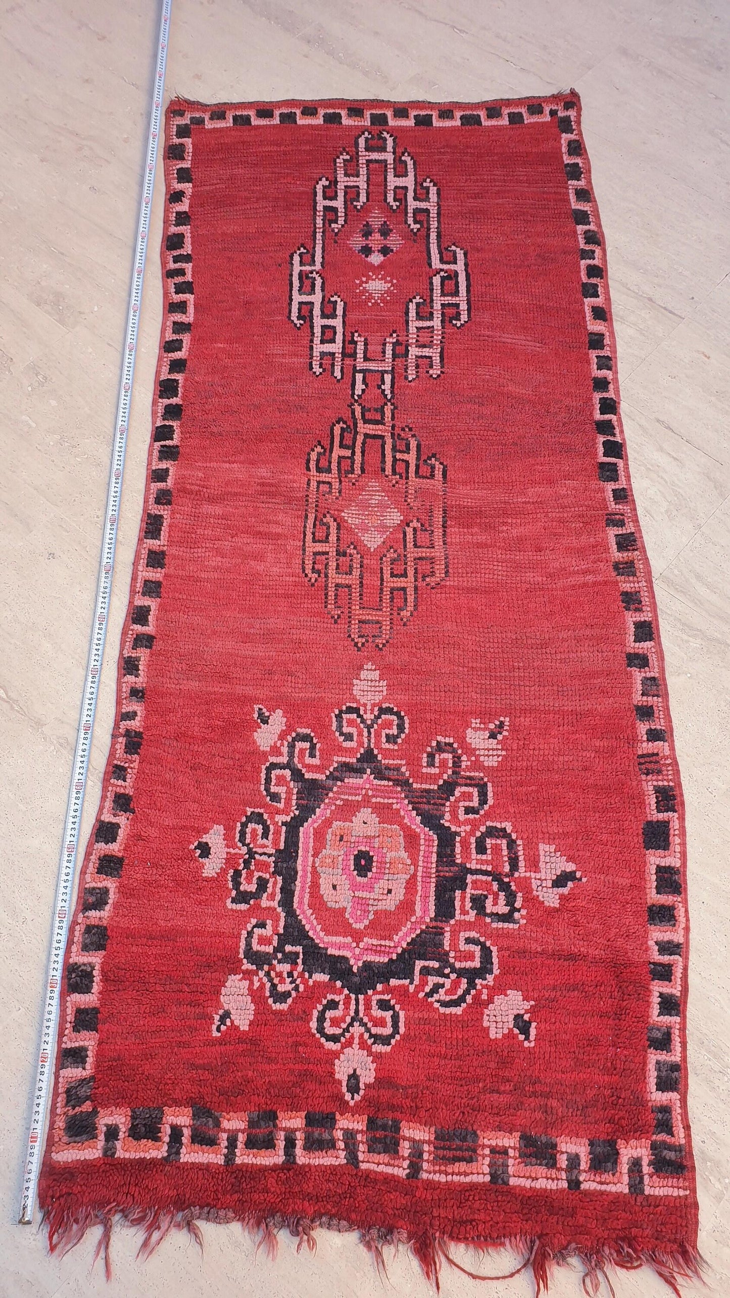 Vintage Moroccan Rug 3.1x7.6 Gorgeous Unique Red Boujaad Statement Runner Rug, bedroom rug, Abstract accent rug