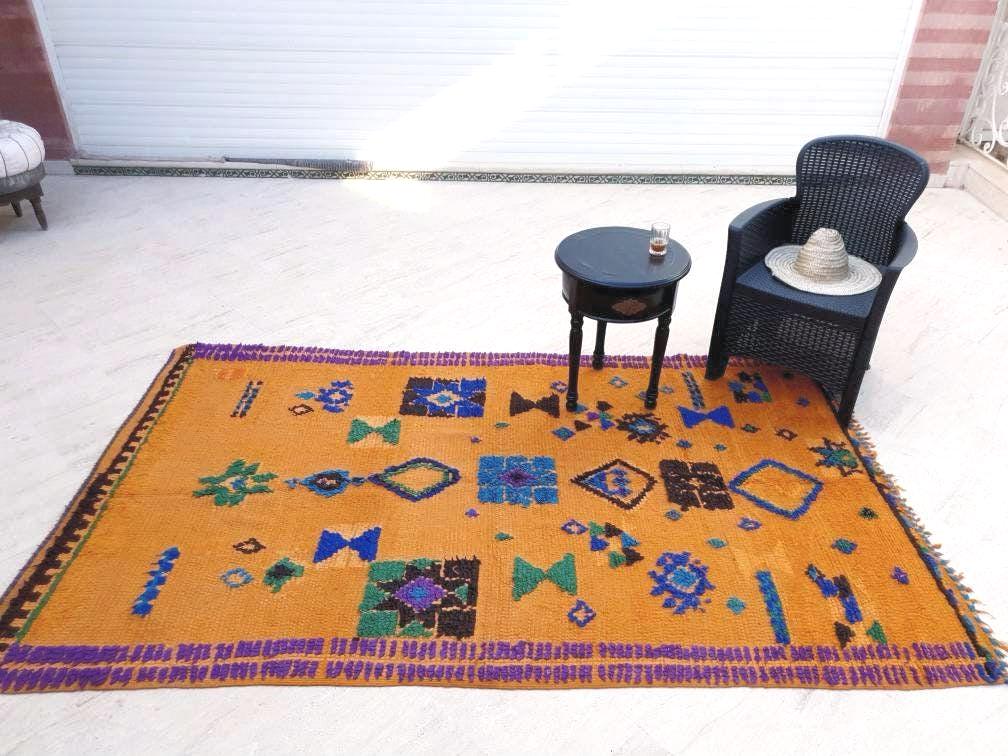 Stunning Moroccan Rug 5.1x8.1 Super Pretty Vintage Boujaad rug, Unique boujad rug, Blue Papaya Orange Berber carpet
