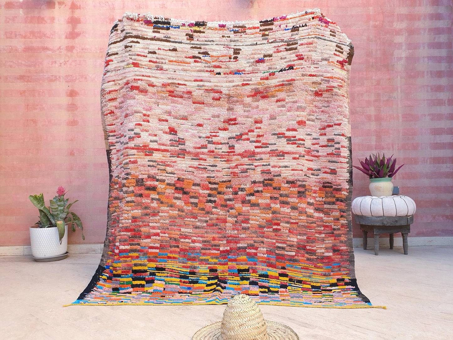 Vintage Moroccan Rug 5.5x6.5 Stunning Checkered Boujaad Rug, blush berber rug, pink checkered Hallway Rug | accent rug