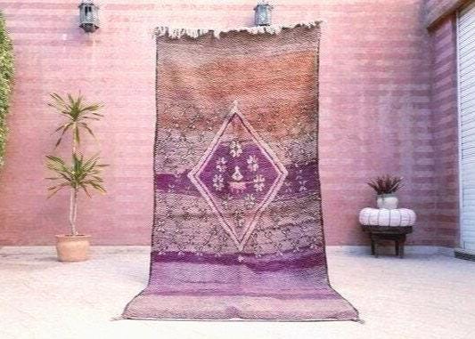Vintage Moroccan Rug 3.9x8.5 Gorgeous Purple Peach Blush rug "Roses & Butterflies" Unique boujaad rug mauve purple rug