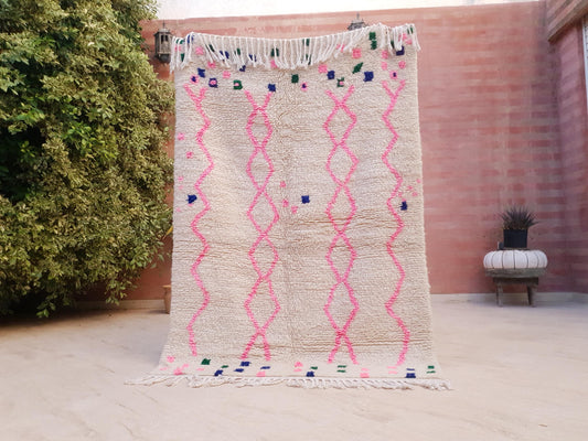 Gorgeous Azilal Moroccan Rug 4x6 Pink Line Art on Cream Wool, Nursery Rug, Pink blue berber rug Boho Handmade Carpet