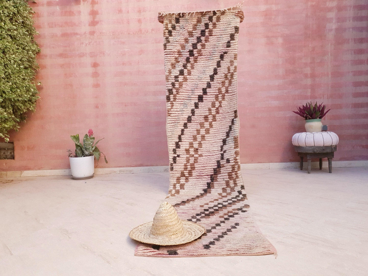 Vintage Moroccan Rug 2.4x9.8 checkered Boujad Runner Rug, Super unique Berber Brown Blush hallway Rug, boho boujaad rug
