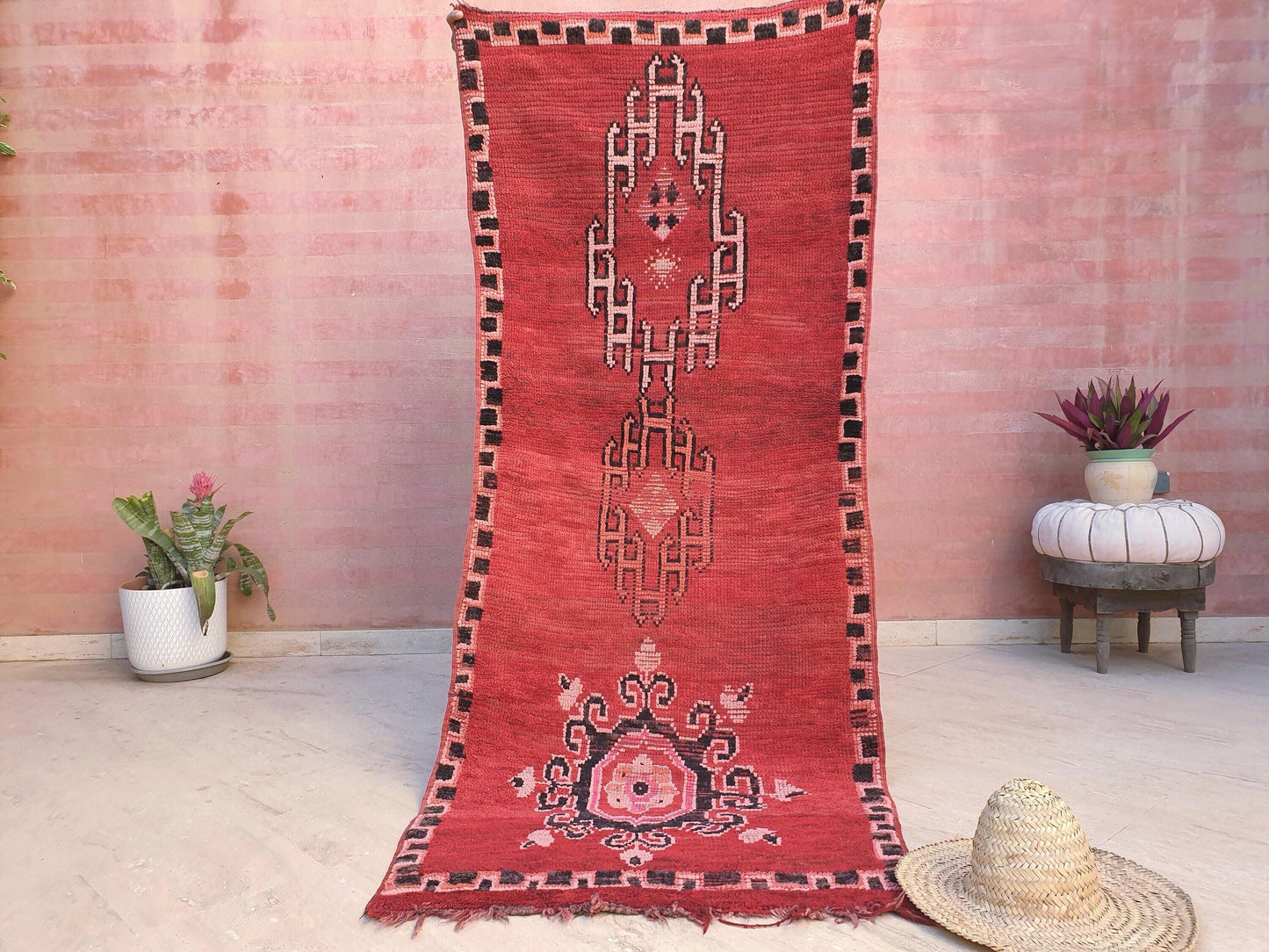 Vintage Moroccan Rug 3.1x7.6 Gorgeous Unique Red Boujaad Statement Runner Rug, bedroom rug, Abstract accent rug