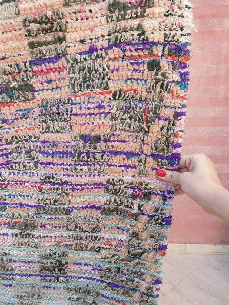 Vintage Moroccan Rug 4.2x7.1 Gorgeous Blush Checkered Boujaad Rug | living room rug | Purple Peach checkered Area Rug