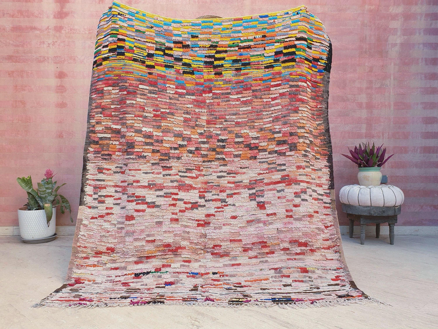 Vintage Moroccan Rug 5.5x6.5 Stunning Checkered Boujaad Rug, blush berber rug, pink checkered Hallway Rug | accent rug