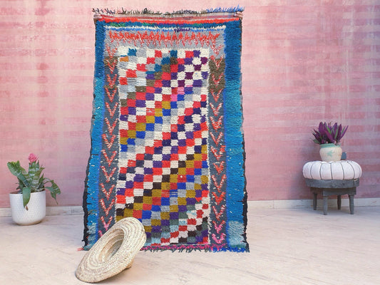 Vintage Moroccan Rug 3.5x5.6 Gorgeous Checkered Boujaad rug, Blue colorful bedroom rug, Squares Tribal berber rug