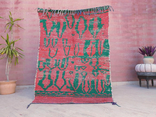 Gorgeous  Vintage Moroccan Rug 4x5.8 Coral Green Abstract Boujaad Rug