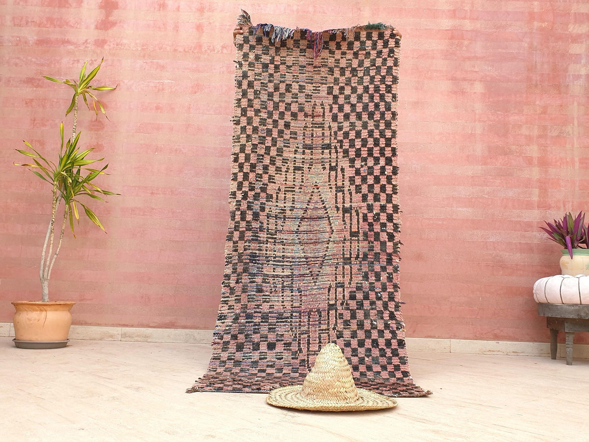 Vintage Moroccan rug 2.9x7.6 Gorgeous Blush Brown Peach Pink Checkered rug | Boujaad hallway rug boujad rug
