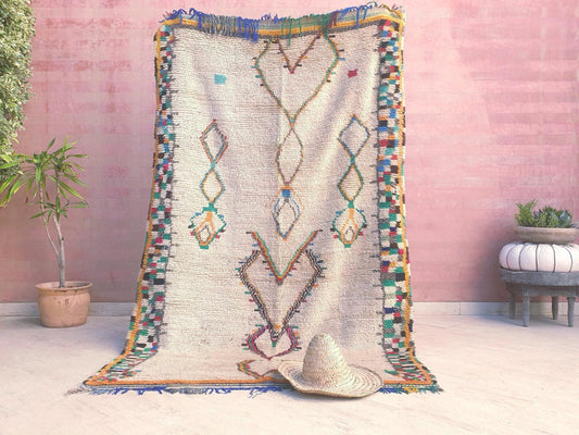 Vintage Moroccan Rug, Ivory Boucherouite with Rainbow Fringe, 4.5x7.5 tribal wool rug, Cream Moroccan rug with colorful borders
