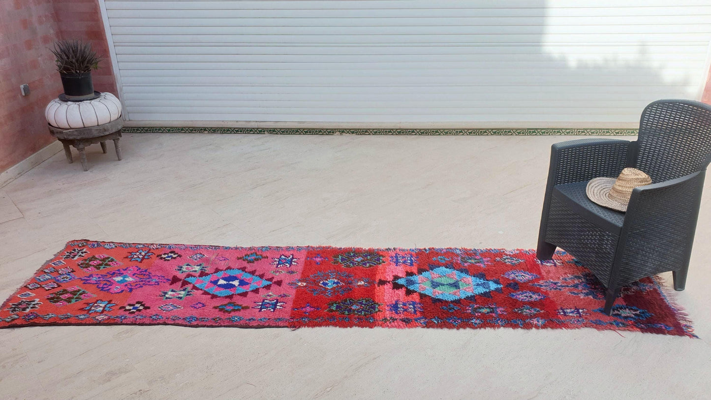 Vintage Hot Pink Moroccan Runner Rug 2.3x10 Azilal Berber Wool Rug