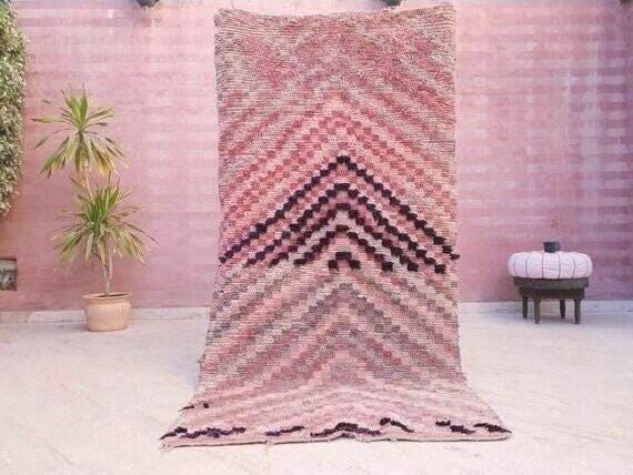 Vintage Moroccan Rug 3.8x7.5 Gorgeous Blush Boujaad rug, Unique area Rug, checkered bedroom rug, living room rug