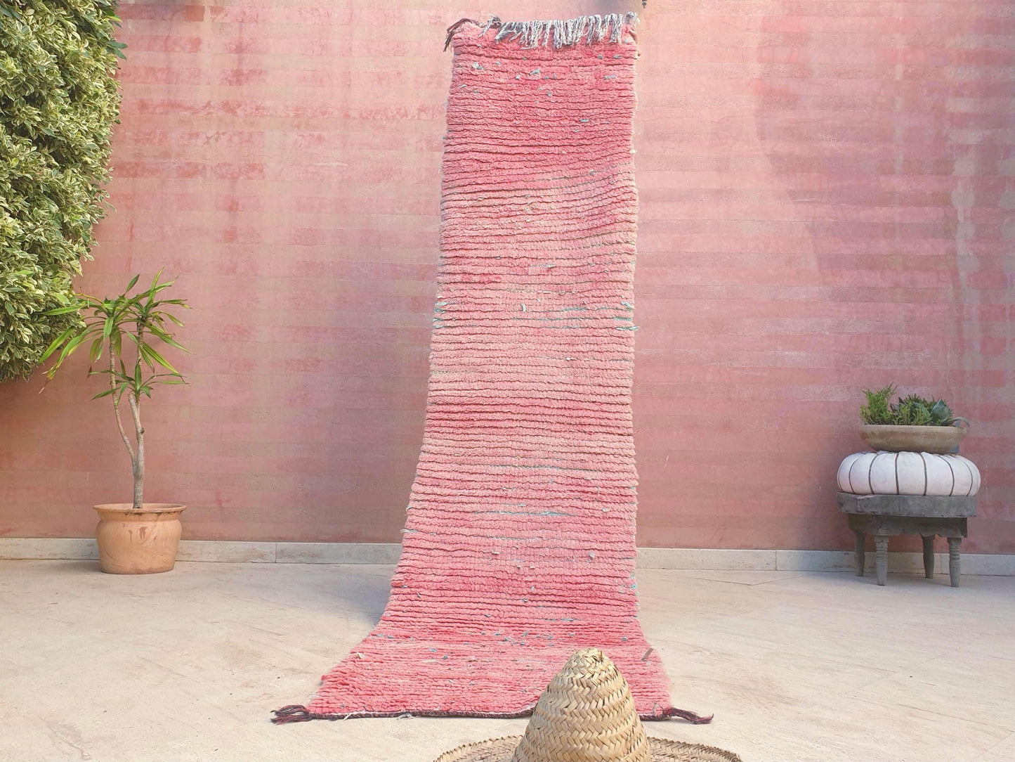 Gorgeous Vintage Moroccan RunnerRug 2.2x9 Pink Boujaad Rug | Pink Panther | Hallway Rug | Vintage Bedroom Rug | peach wool Rug