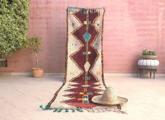 Vintage Moroccan Runner Rug, Colorful Boujaad hallway runner, 2.7x11ft tribal rug, unique red ivory runner, handwoven boho Moroccan rug