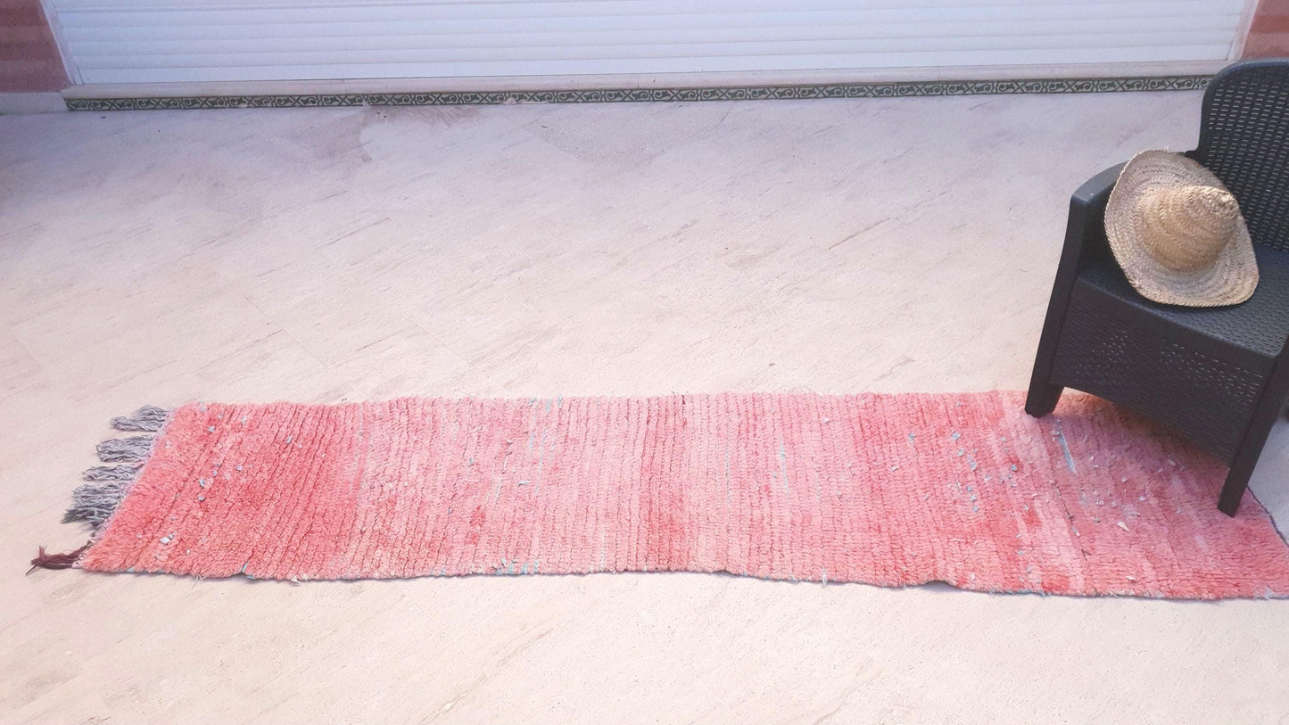 Gorgeous Vintage Moroccan RunnerRug 2.2x9 Pink Boujaad Rug | Pink Panther | Hallway Rug | Vintage Bedroom Rug | peach wool Rug