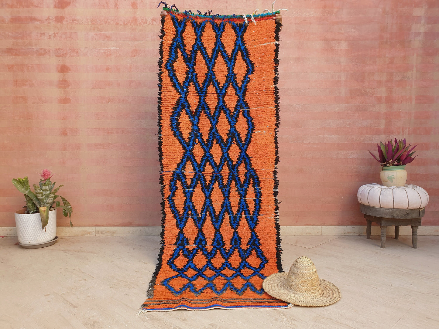 Stunning Moroccan Runner Rug 2.8x6.5 Super Pretty Boujaad rug, Artistic Blue Papaya Orange Geometric Hallway rug