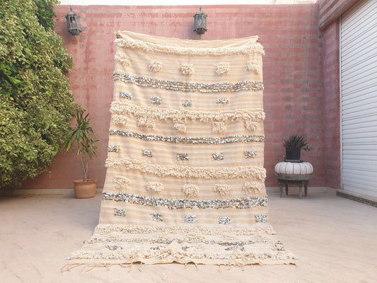Vintage Moroccan Wedding Blanket 4.6x8  Handira Berber Throw with Sequins